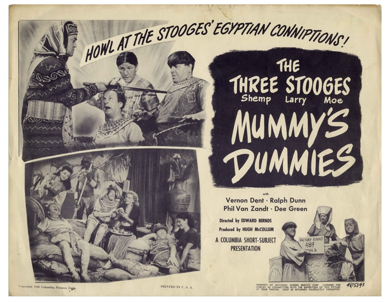 Lobby Cards for The Three Stooges Films Mummy's Dummies, Dunked in the Deep & Malice in the Palace With Famous Scene of Curly as Chef -- Light Creasing & Wear, Malice Trimmed to 12.5 x 9.75